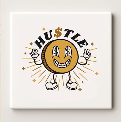 Hustle Motivatie Munt Tegel – 15x15cm Keramische Wanddecoratie – Retro Geldontwerp voor Kantoor, Studio of Ondernemers Cadeau