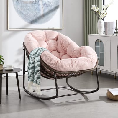 REDOM - Schommelstoel - Handgeweven Synthetisch Rotan - Ergonomisch - Voor Tuin Of Woonkamer - Staal - Roze - 78 X 106 X 90 Cm