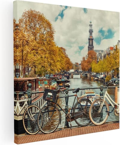 Artaza Canvas Schilderij Amsterdam - 80x80 cm - Wanddecoratie Grachten - Muurdecoratie Herfst - Schilderijen Op Canvas Fiets