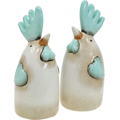 Keramische Haan Keukendecoratie Kip Wit Blauw Bruin H14.5cm 2 st., 2 S