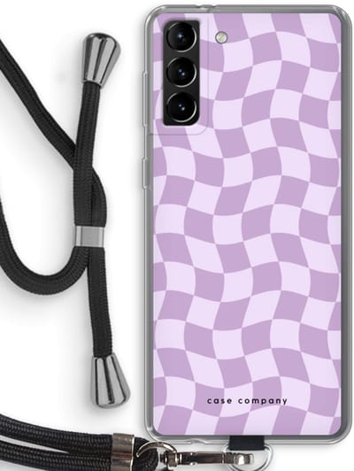 Case Company® - Hoesje met koord geschikt voor Samsung Galaxy S21 Plus hoesje met Koord - Grid Paars - Telefoonhoesje met Zwart Koord - Bescherming aan alle Kanten en Over de Schermrand