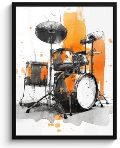 Poster in lijst - Fotolijst 60x80 cm - Posters - Drumstel - Oranje - Zwart - Aquarelverf - Posterlijst zwart - Decoratie - Wanddecoratie woonkamer - Muurdecoratie slaapkamer