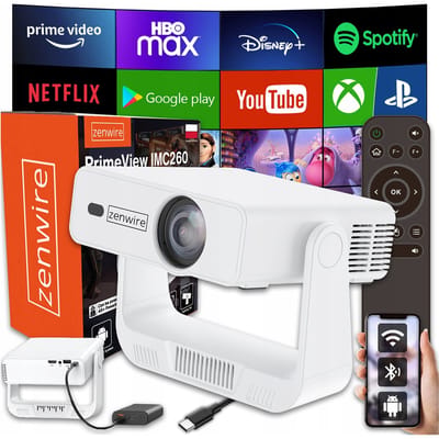 Zenwire Primeview IMC260 Draagbare Mini Beamer - USB-C Powerbank Voeding - Android 14 - WiFi 6 - Bluetooth - HD Projector met 4K Support