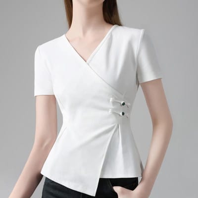 T-shirt à manches courtes pour femme, nouveau t-shirt d'été en coton boutonné à col en V croisé pour femme, haut à ourlet irrégulier 2XL white