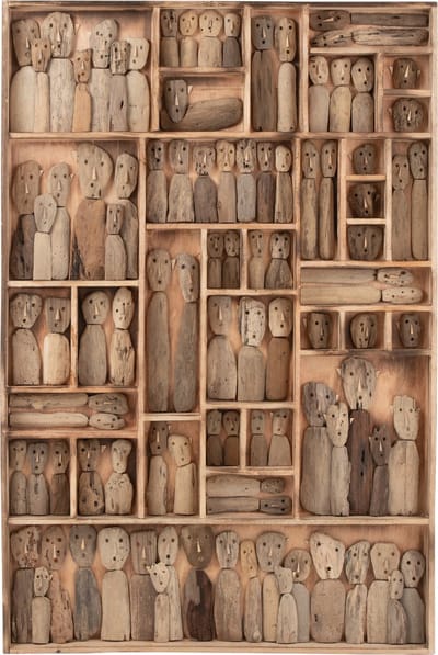 J-Line wanddecoratie Familie Masks Vakjes - hout - naturel - large