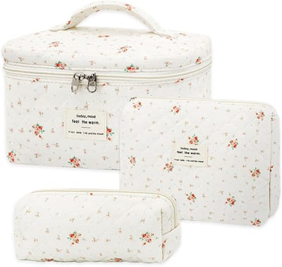 Floral Patroon Make-up Tas Set van 3, Reis Make-up Tas voor Vrouwen, Cosmetica Tas met Bloemen, Ideaal voor Outdoor Gebruik, Oranje, 23x15x15cm, Romantisch en Praktisch