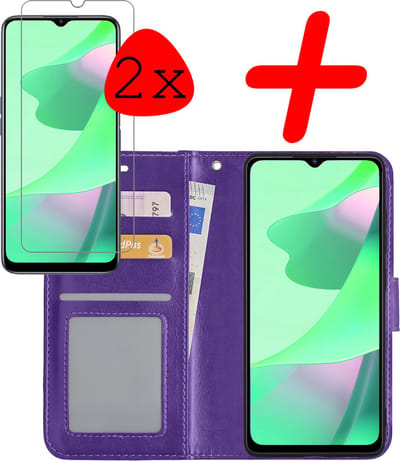 Hoesje Met 2x Screenprotector - Geschikt voor OPPO A16s - Luxe Pasjeshouder - Bookcase Portemonee - Flip Case - Kunstleer Book Case - Flipcase Hoes - Book Cover - Walletcase - Portemonneehoes - Paars