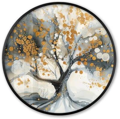 Poster in lijst Rond - Fotolijst 60x60 cm - Posters - Boom - Modern - Abstract - Goud - Zwart - Wit - Ronde posterlijst zwart - Decoratie - Wanddecoratie woonkamer - Muurdecoratie slaapkamer