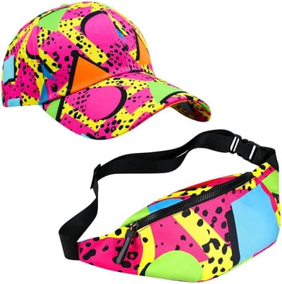 Retro Fanny Pack en Baseball Cap Set voor Feestjes - Neon Kostuums voor Rave en Reizen, Roze, One Size, Perfect voor 80s en 90s Thema Outfit