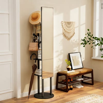 Pugsdrly Garderobe met passpiegel en opbergruimte, 360° draaibare multifunctionele kledingrek, passpiegel voor de slaapkamer, garderobe met haken, 174*40 cm (zwart)