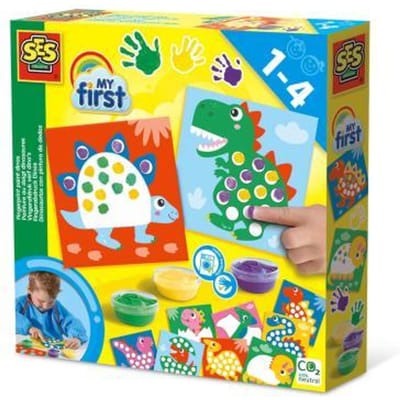 SES Creative - My First – Dinos Stippen met Vingerverf - 10 kleurplaten met dieren en 3 kleuren vingerverf - goed uitwasbaar - Dinosaurus speelgoed – Glutenvrij - 1 tot 4 jaar