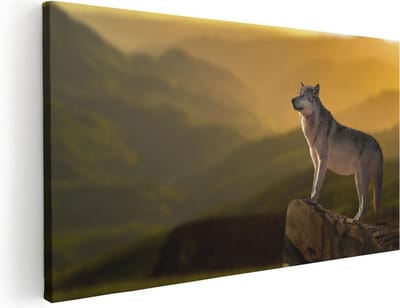 Artaza Canvas Schilderij Wolf - 40x20 cm - Klein - Wanddecoratie Bergen - Muurdecoratie Zonsondergang - Schilderijen Dieren