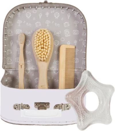 BAMBAM Cadeaukoffer Stay Time Roestbruin - Bijtring ster, Borsteltje & kam, Bamboe tandenborstel - Baby cadeau