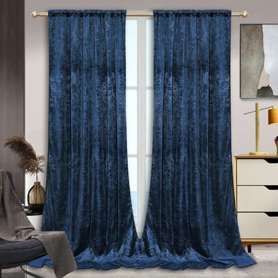 MUPOO Kant-en-Klaar Velours Gordijnen – 2 Stuks Luxe Crushed Velvet met Damastdesign – Verduisterend & Warmtewerend, Superzacht en Dikker – Rod Pocket & Back Tab – Ideaal voor Woonkamer/Slaapkamer – Donkerblauw 132cm×183cm