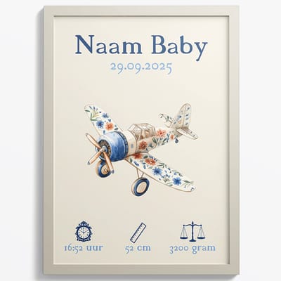 Baby / Geboorte poster - Blauw Vliegtuig - Met Naam, Geboortedatum, Gewicht, Lengte en Tijd - A2+ Formaat 43,2 x 61 cm - Gepersonaliseerde Baby posters