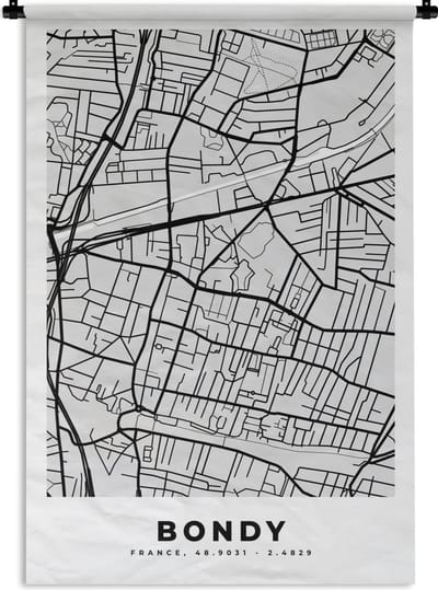 Wandkleed - Wanddoek - Plattegrond - Bondy - Stadskaart - Kaart - Frankrijk - 120x180 cm - Wandtapijt
