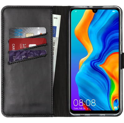 Selencia Hoesje - Geschikt voor Huawei P30 Lite - Echt Lederen Bookcase - Zwart
