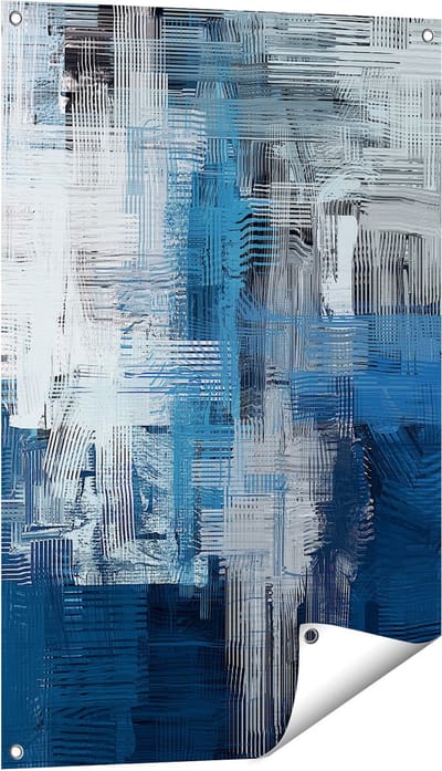 Gards Tuinposter Abstracte Kunst - Blauw Witte Penseelstreken - 60x90 cm - Tuindoek - Tuindecoratie - Wanddecoratie buiten - Tuinschilderij