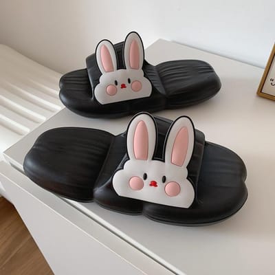 Zomer Nieuwe Dames Pantoffels Huis Zacht Schattige Konijn Sticker Zachte Dikke Slippers Binnen Buiten Antislip Schoenen 38-39 zwart