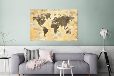 Aluminium schilderij 180x120 cm - Wanddecoratie metaal - Wereldkaart - Krant - Gouden - Metalen muurdecoratie woonkamer - Decoratie industrieel - Foto op dibond - Industriële accessoires slaapkamer
