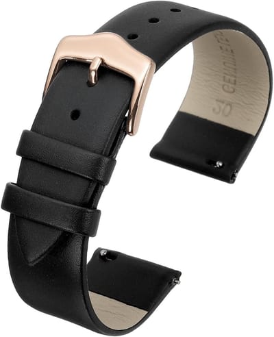 20 mm zwarte echt lederen montuurband met snelsluiting, elegante platte polsband voor heren en dames met roségouden gesp