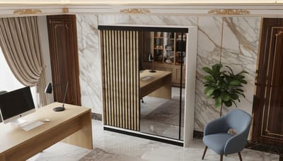 Schuifdeurkast Casa Velluto Malani Luxe 138 – Moderne Garderobekast met Spiegel, Wit & Eiken Goud – Multifunctionele Kledingkast voor Woonkamer en Slaapkamer – 138x205x59 cm