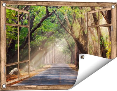 Gards Tuinposter Doorkijk Weg Omringd met Bomen - 60x40 cm - Tuindoek - Tuindecoratie - Wanddecoratie buiten - Tuinschilderij
