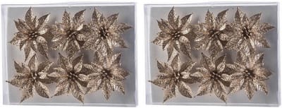 Cosy & Trendy Bloemen op clip - 12x st - champagne - glitter - 8 cm - kerstversiering - kerstbloemen