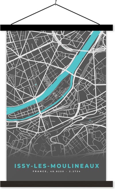 Posterhanger incl. Poster 40x60 cm - Schoolplaat - Issy-les-Mouineaux - Frankrijk - Stadskaart - Plattegrond - Kaart - Textielposter - Zwarte latten - Stadskaart