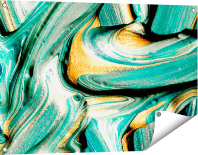 Gards Tuinposter Abstracte Kunst - Groen met Gouden Verf - 90x60 cm - Tuindoek - Tuindecoratie - Wanddecoratie buiten - Tuinschilderij