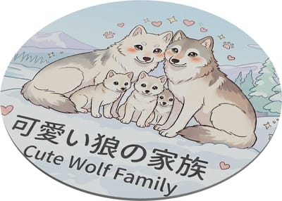 Muismat Rond Kawaii Wolf Familie - Schattige Wolven in Sneeuw Landschap - Japanse Tekst Winter Thema - Dieren Gezin Illustratie - Bureau Accessoire - Hartverwarmend Cadeau voor haar: Vriendin & Collega - Blauwe Pastelkleuren Tekening