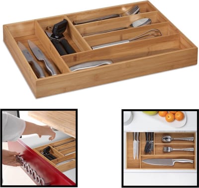 Bamboe 6 Vaks Bestekbak voor in keukenla - Bestek organizer bamboe hout – Bestekcassette - Afm 44.5 x 30.5 x 6 Cm.