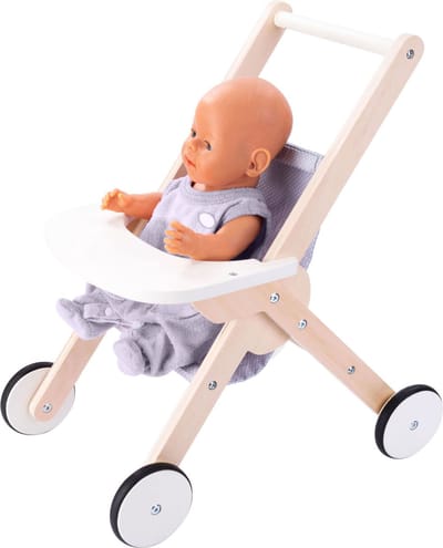 Poppenwandelwagen – Houten Poppenwagen – Grijs/Blauw – 45 x 33 x 50 cm – Poppenwagen voor Kinderen – Rollenspel Speelgoed – Engelhart