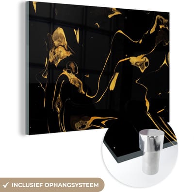 MuchoWow® Glasschilderij 60x40 cm - Schilderij acrylglas - Patronen - Verf - Goud - Zwart - Foto op glas - Schilderijen