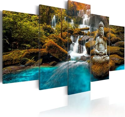 Schilderij - Enclave van Stilte , Boeddha voor waterval in bos , 5 luik