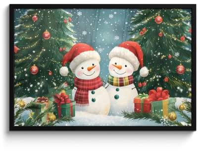 Poster in lijst - Fotolijst 90x60 cm - Posters - Sneeuwpop - Kerstsneeuw - Groen - Rood - Posterlijst zwart - Decoratie - Wanddecoratie woonkamer - Muurdecoratie slaapkamer - Kerstversiering - Kerstdecoratie voor binnen - Kerstmis