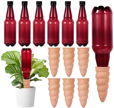 Automatisch irrigatiesysteem voor binnen- en buitenplanten, 6 donkerrode plastic flessen en 6 irrigatiepalen voor optimale plantverzorging