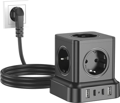 Stekkerkubus met 4 USB-poorten - 5-voudige verdeler met schakelaar en overspanningsbeveiliging voor kantoor en thuis