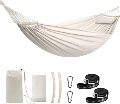 Famanu - Grote zachte ademende katoenen hangmat - 660 lbs draagbaar - boom hangmat met spreider bar kussen - sterke singels - karabijnhaken - Patio Tuin - Indoor Outdoor hangmat 2 person