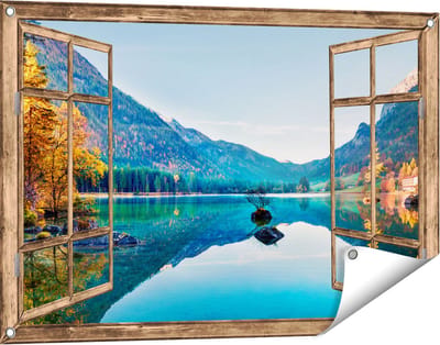 Gards Tuinposter Doorkijk Meer met Herfstbomen - 90x60 cm - Tuindoek - Tuindecoratie - Wanddecoratie buiten - Tuinschilderij