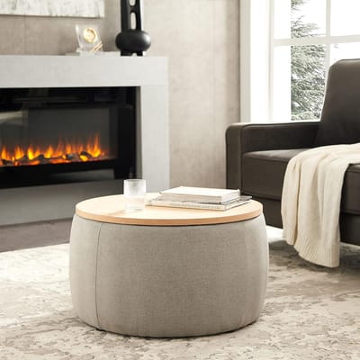 Ronde opbergpoef met voetensteun, 2-in-1 functie als bijzettafel en kruk, 64,8 x 64,8 x 36,8 cm, lichtgrijs MDF