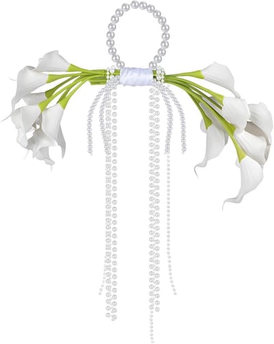Bruidsboeket Calla Lelies - Kunstboeket Parels - Bruiloft Versiering - Eeuwige Kwaliteit - 62 x 43 cm - Wit