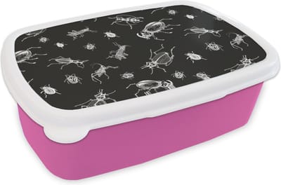 Broodtrommel Roze - Lunchbox - Brooddoos - Patronen - Insecten - Zwart Wit - 18x12x6 cm - Kinderen - Meisje