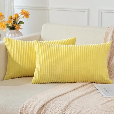 Famanu – Set van 2 stuks ribfluwelen lendenkussenslopen corduroy boho gestreept 40 x 60 cm geel