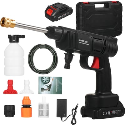21V draadloze draagbare autowasmachine Elektrische hogedrukreiniger 24,5 bar Autowasinstallatie Watering 2pcs Battery & US Plug zwart