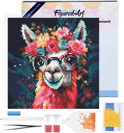 Figured'Art Mini Diamond Painting set Volwassenen 25x25 cm met lijst Modieuze lama met bloemen - 5D DIY Art full drill ronde diamant - Canvas al ingelijst