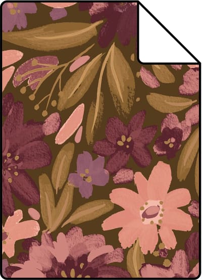 Proefstaal ESTAhome behang bloemen vergrijsd groen en paars - 26.5 x 21 cm - 132200-S