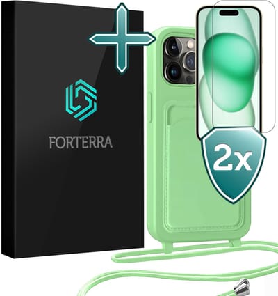Hoesje Geschikt voor iPhone 14 Pro Pashouder Case Siliconen Hoes Met Koord Met 2x Screenprotector - Hoes Geschikt voor iPhone 14 Pro Met Telefoonkoord Hoesje Back Cover Met Pasjeshouder - Groen