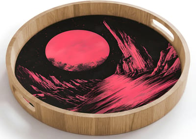 Dienblad rond 40x40 cm - Schootdienblad hout - Maan - Felroze - Bergen - Rivier - Borrelplank rechthoek - Plateau houten dienbladen