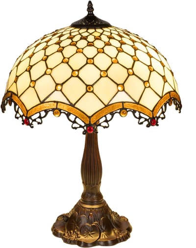 Tiffany tafellamp ruitpatroon - Crème-Amber - Ø 41 cm - Glas in lood - Warm licht - Sierlijk - Klassiek | RORUVERA